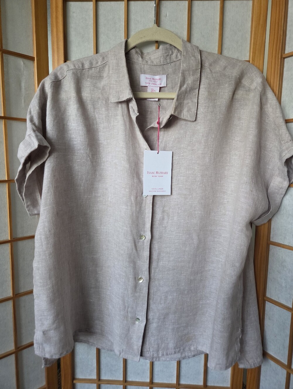 NWT WOMENS ISAAC MIZRAHI BEIGE 100% LINEN BUTTONS COLLAR SHORT SLEEVE BLOUSE L